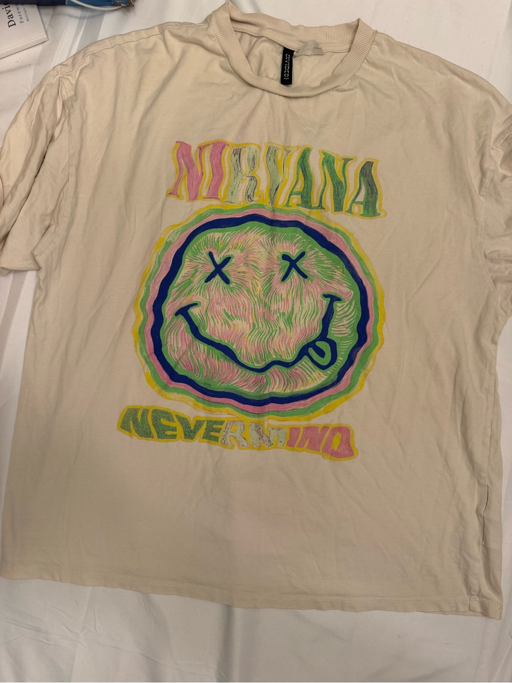 H&M Cream Nirvana 'Nevermind' Graphic Tee with Pink Yellow Green Accents